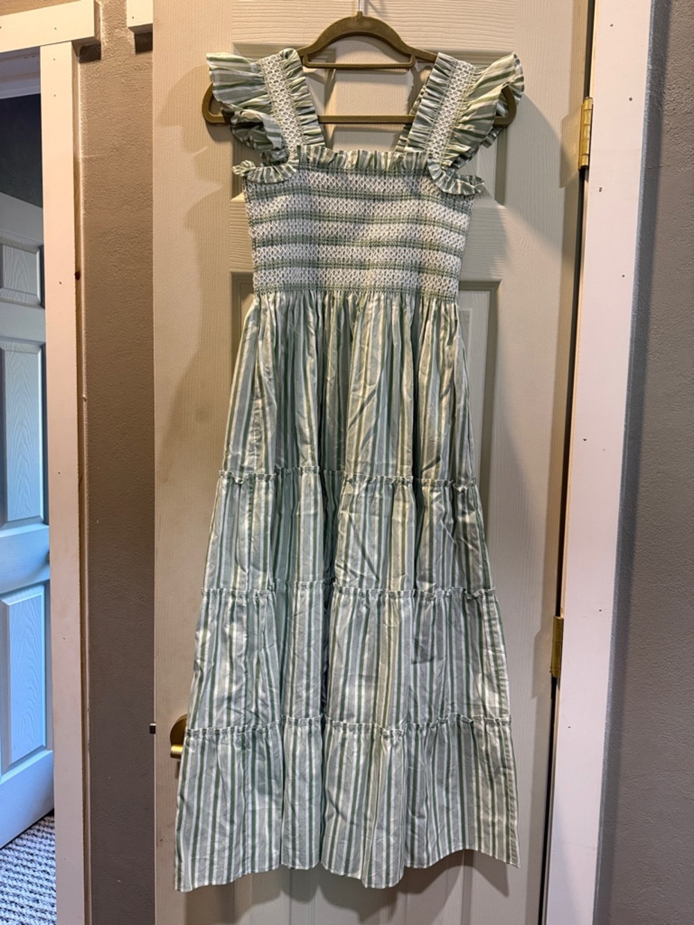 Hill House Mint Green Striped Smocked Maxi Dress